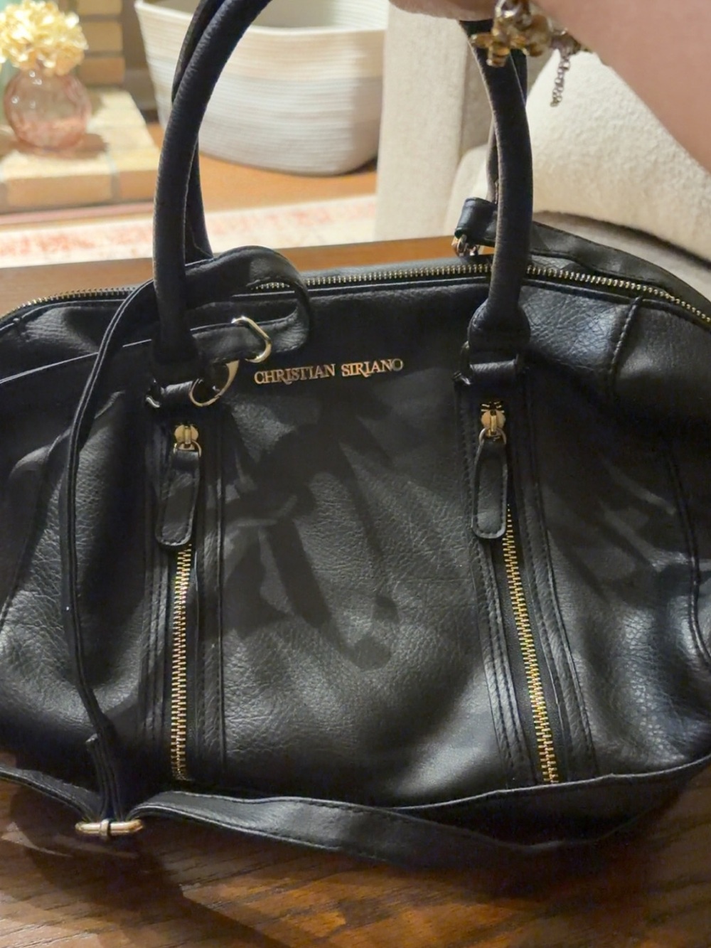 Christian Siriano Black Leather Duffel with Gold Hardware